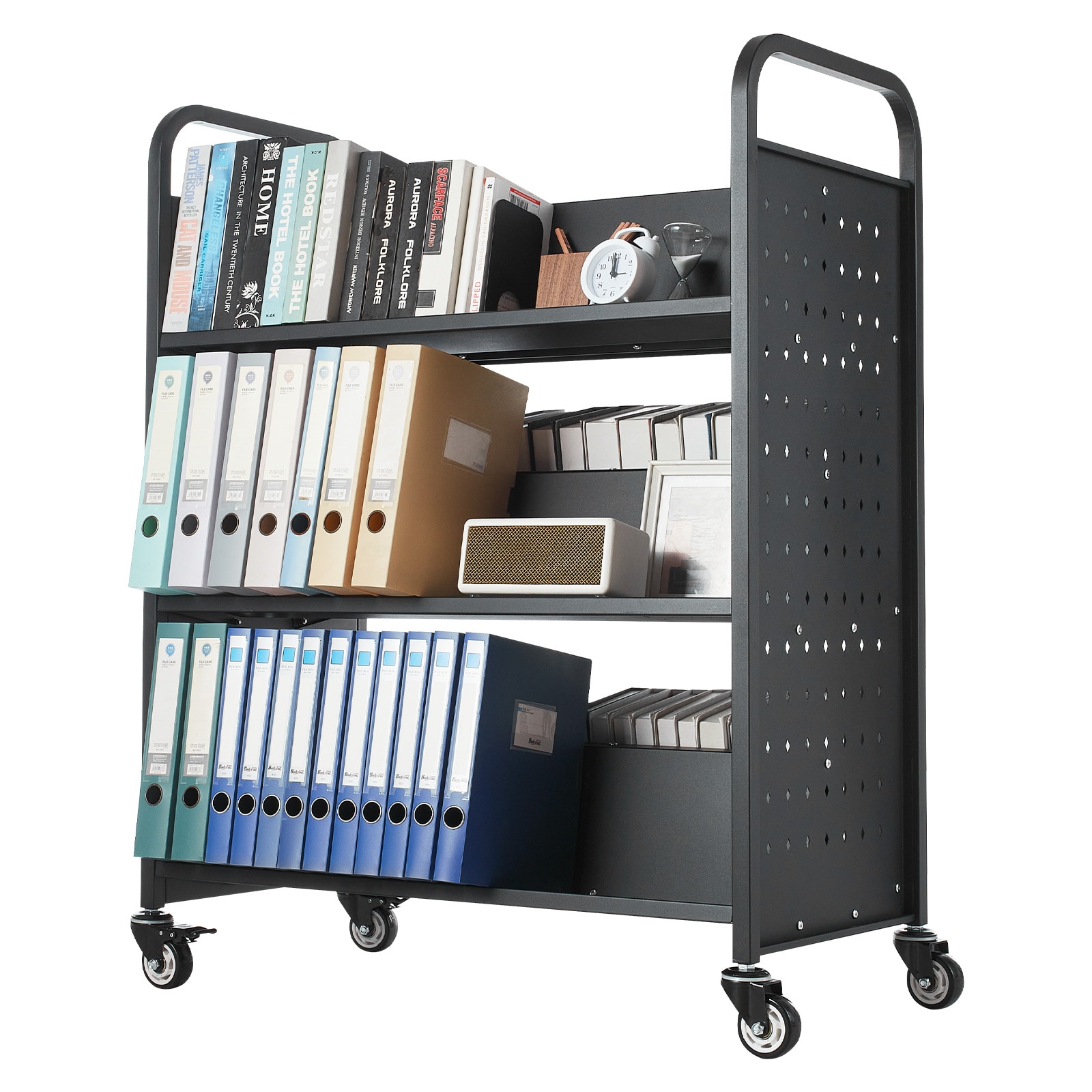 3-tier Rolling Book Cart Double Sided W-shaped Shelving Unit Black_voghion.com